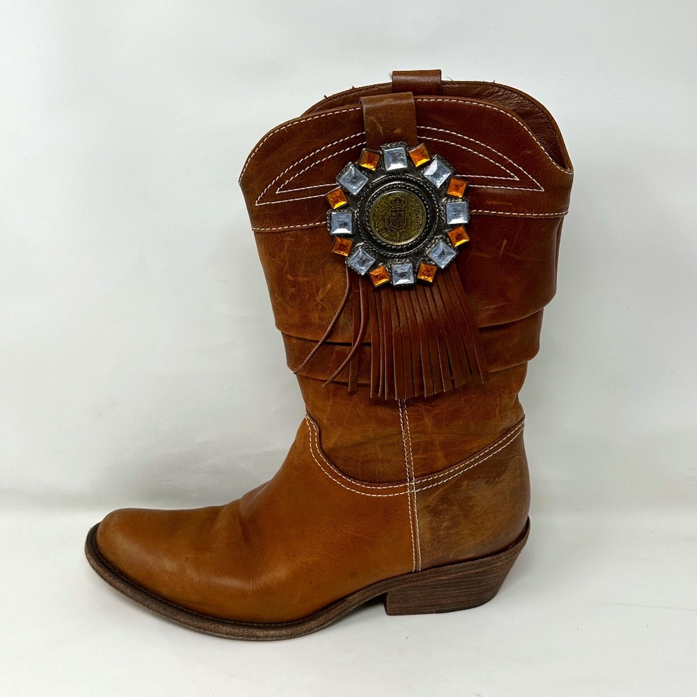 BCBG MaxAzria Jewel Embellished Brown Leather Cowboy Mid Calf Pull-on Boots